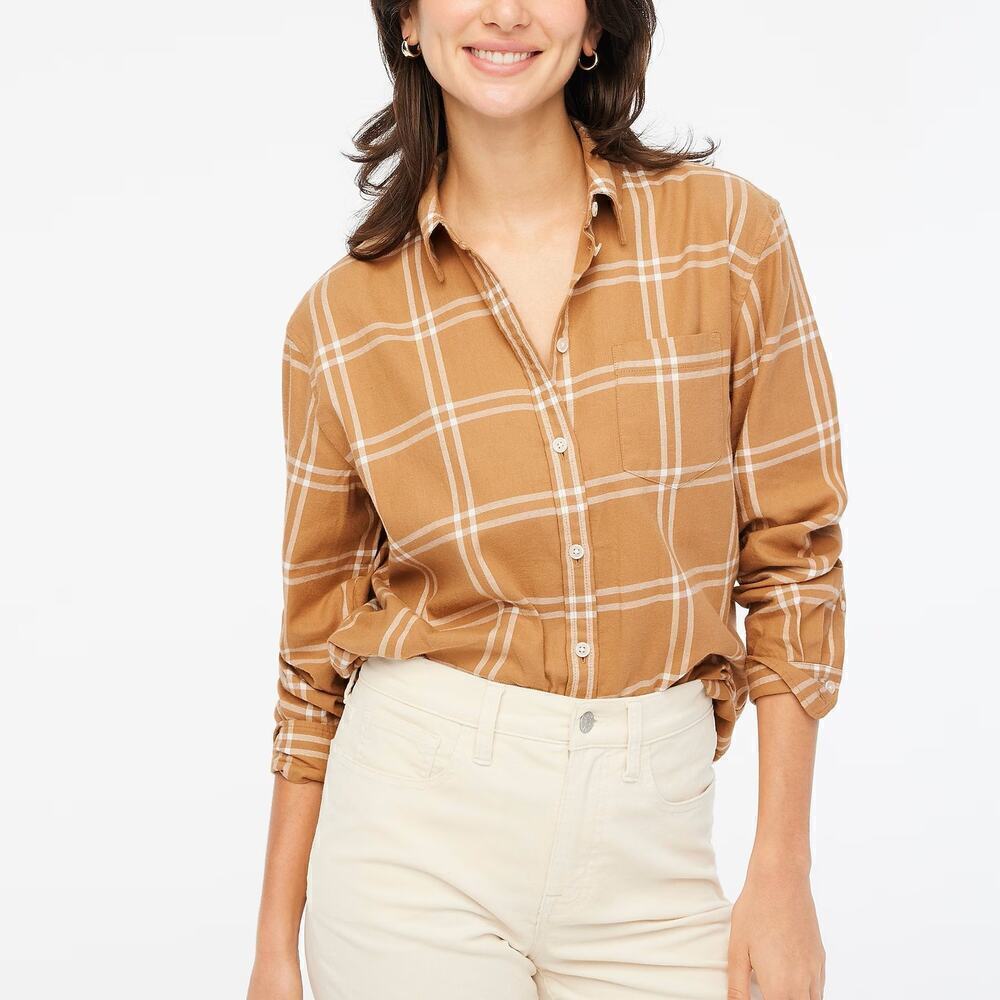 J. Crew Flannel Shirt Button-Up Long Sleeve Cotton Plaid Camel Ivory NWT PXXS